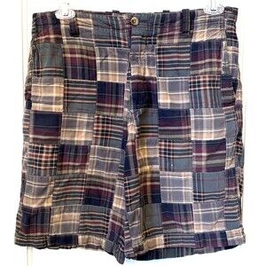 Y2K Arrow Patchwork Plaid Shorts Men 34 Preppy Grunge Hippie Skater Streetwear